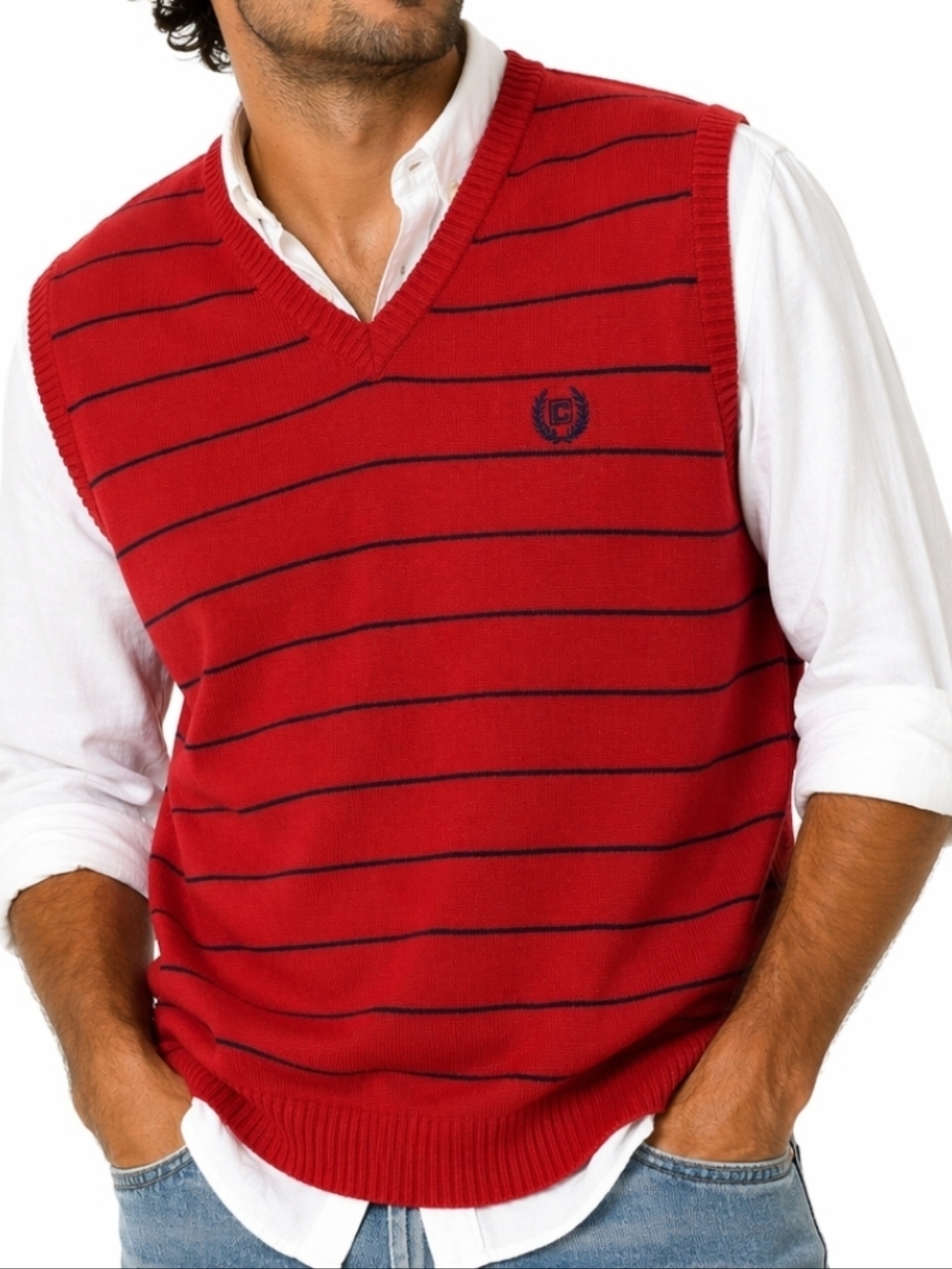 Chaps 100% Cotton Knit Red & Navy Blue Stripe V Neck Pullover Sweater Vest